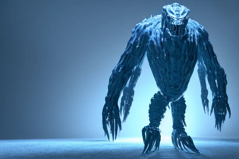 Image similar to huge bulky ice creature made out of a humanoid nervous system with large meaty spikes all over the body, cinematic, volumetric lighting, f 8 aperture, cinematic eastman 5 3 8 4 film, photorealistic