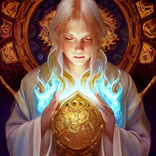 Image similar to young summoner with a water elemental, fantasy, man, thick robes, intricate, elegant, highly detailed, digital painting, artstation, concept art, wallpaper, smooth, sharp focus, illustration, art by artgerm and greg rutkowski and alphonse mucha