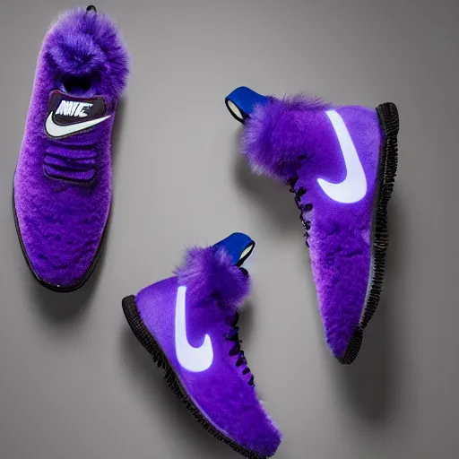 Image similar to futuristic nike shoe made of very fluffy purple faux fur placed on reflective surface, professional advertising, overhead lighting, heavy detail, realistic by nate vanhook, mark miner