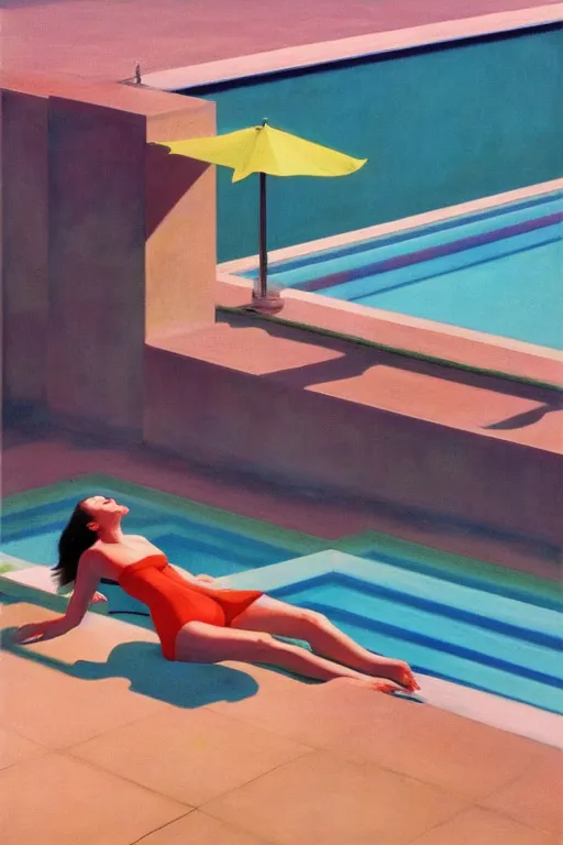 Prompt: liminal vaporwave summer swimming pool surrealism, painted by Edward Hopper, airbrush