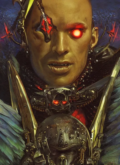 Prompt: symmetry! middle closeup chamber portrait of a biblical diabolical pirate!! girl! stylish cyborg armor, heavy eyes to the side, closeup, bright glowing eyes, in clouds, rain, sunset, by gerald brom, by mikhail vrubel, by peter elson, muted colors, extreme detail, mirrors, trending on artstation, 8 k