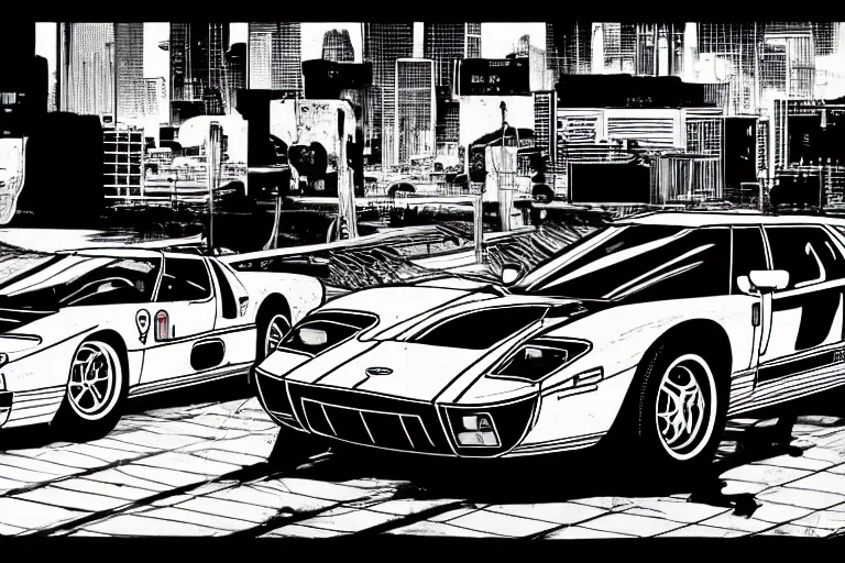 Image similar to ford gt 9 0 ( 1 9 9 5 ) concept car, a page from cyberpunk 2 0 2 0, style of paolo parente, style of mike jackson, adam smasher, johnny silverhand, 1 9 9 0 s comic book style, white background, ink drawing, black and white