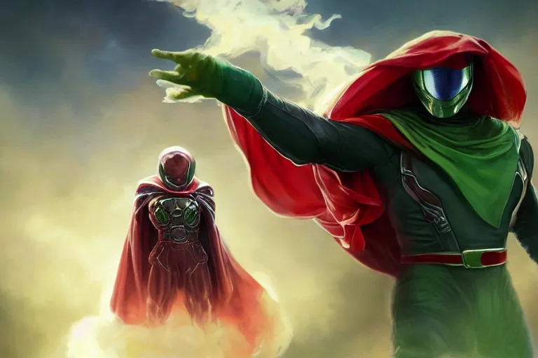 Image similar to Mysterio, crossing his arms, wearing a reflective dome on his head and a big red cape appearing gigantic emerging from a cloud of green smoke, trending on Artstation, highly detailed, HD wallpaper, 4k, photorealistic, digital art, art by artgerm and Greg Rutkowski and Alphonse Mucha
