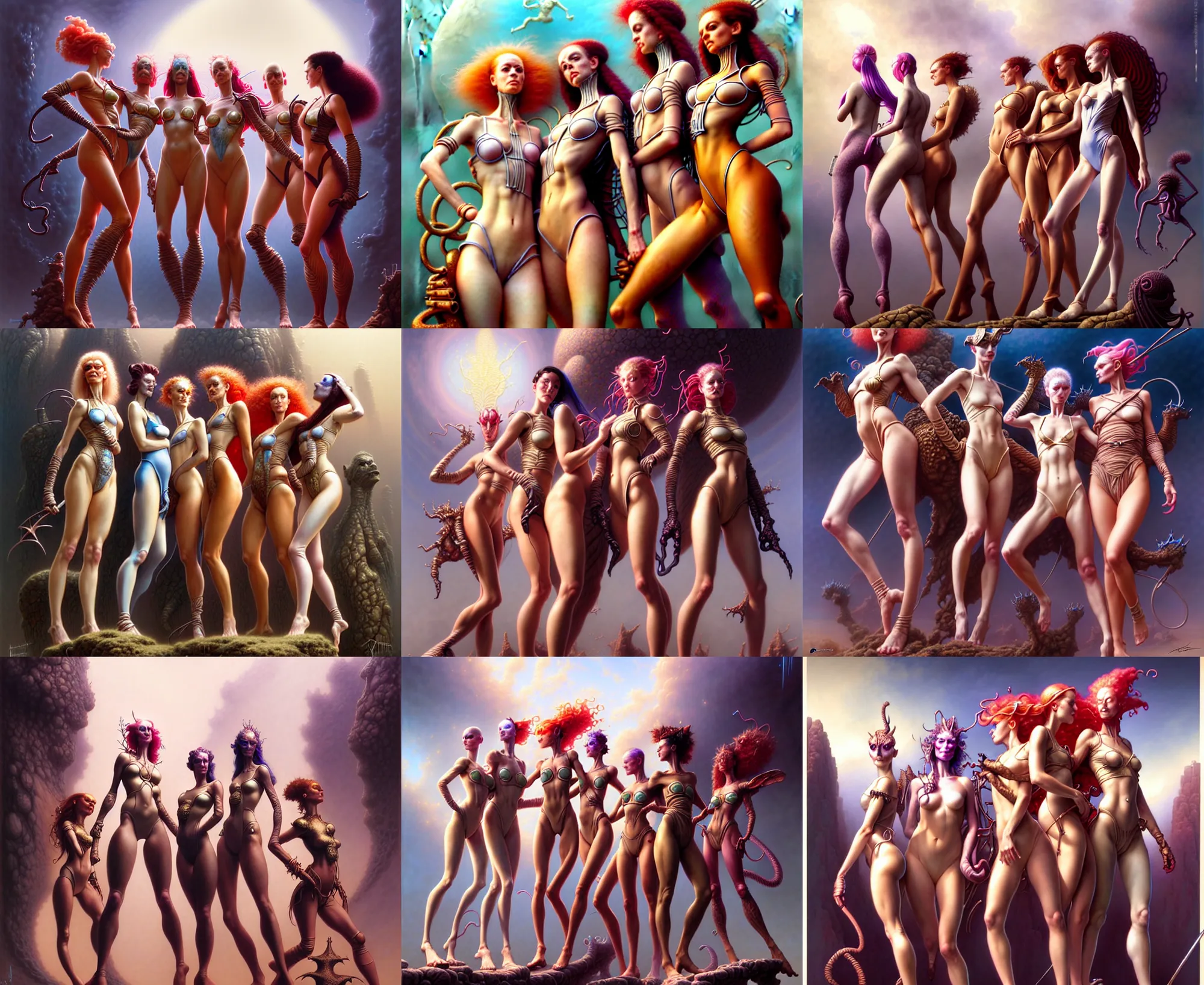 Prompt: girls huddled together, fantasy character portrait, bikini, bodysuit, leotard, ultra realistic, wide angle, intricate details, the fifth element artifacts, highly detailed by peter mohrbacher, hajime sorayama, wayne barlowe, boris vallejo, aaron horkey, gaston bussiere, craig mullins