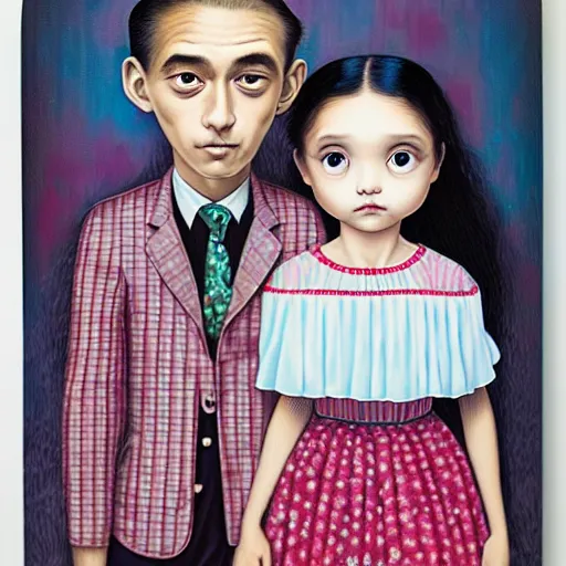 Image similar to a couple and their child portrait, living room wall background, lowbrow art, by Mark Ryden and Hikari Shimoda