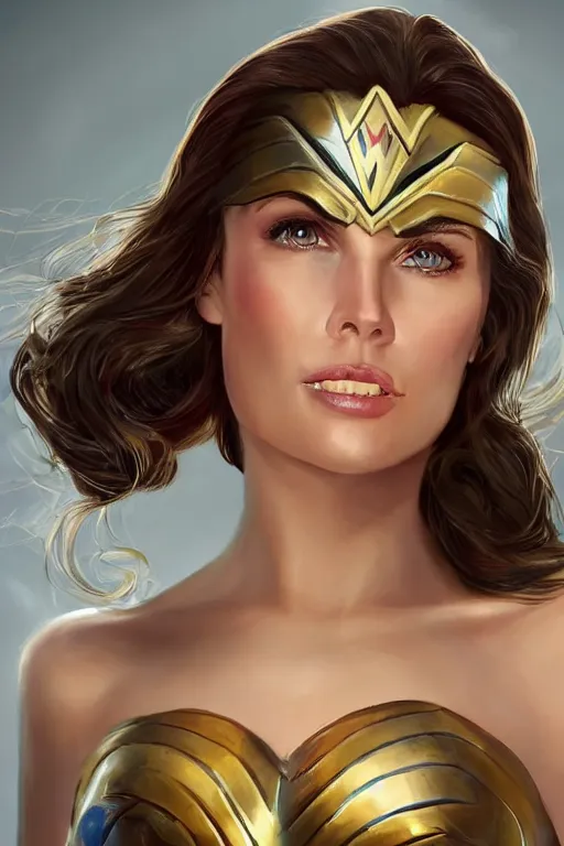 Image similar to portrait of a mix of beautiful young maria shriver, mariel hemmingway, brooke shields and elle macpherson as wonderwoman, thin lips, hair tied up in a pony tail, colorful artstation, cgsociety