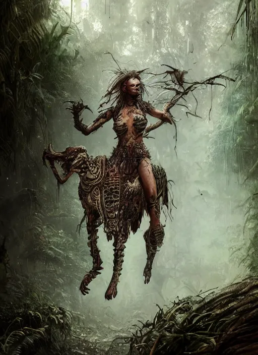 Image similar to a very beautiful cute tribal woman riding a mutated jaguar in a post apocalyptic city overgrown with lush vegetation, by Luis Royo, by Greg Rutkowski, dark, gritty, intricate, backlit, strong rimlight, cover illustration, concept art, volumetric lighting, volumetric atmosphere, sharp focus, octane render, trending on artstation, 8k