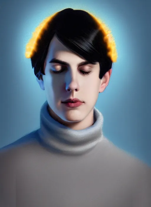 Image similar to portrait of teenage jughead jones wearing a light grey crown, crown, blue turtleneck, 1 9 5 0 s, closed eyes, photorealistic, black hair, glowing lighting, intricate, elegant, glowing lights, highly detailed, digital painting, artstation, concept art, smooth, sharp focus, illustration, art by wlop, mars ravelo and greg rutkowski