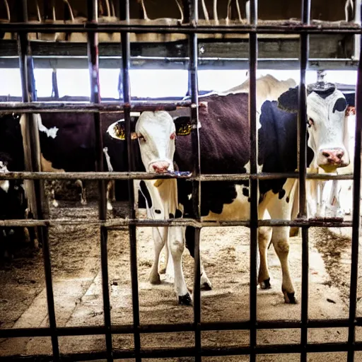 Image similar to dirty bottle of milk and a cow inside a cage, inside slaughterhouse