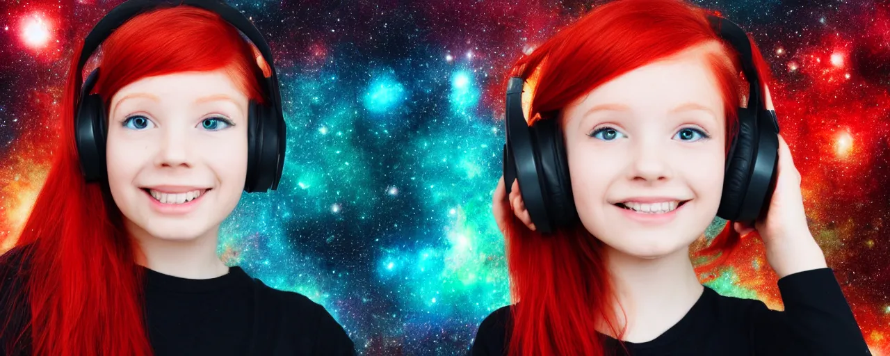 Image similar to Girl with red hair and red eyes wearing headphones, galaxy background