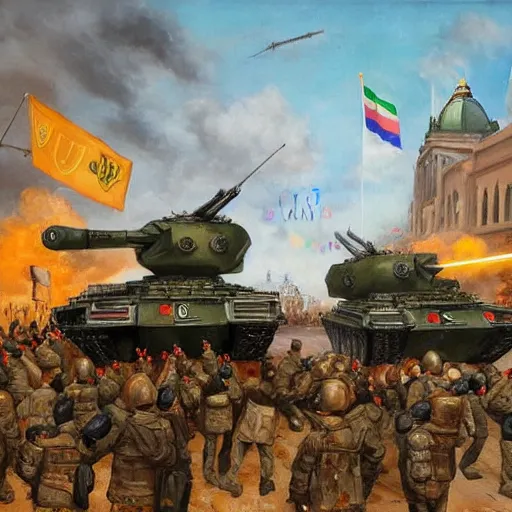 Prompt: army of the european union with tanks fighting on the streets of budapest 2 0 2 2, highly detailed oil painting