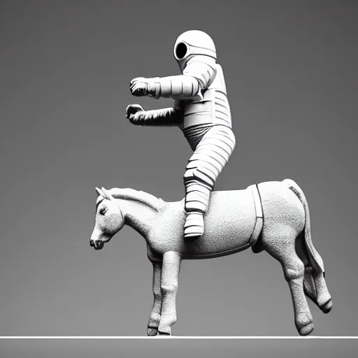 Prompt: an astronaut standing on the ground and a small trippy aggressive centaur standing on that poor human being standing on all fours astronaut raising his arms up, really trying to ride it, the horse is on his shoulders and grabbing them, minimalist style, 3 d render, isometry