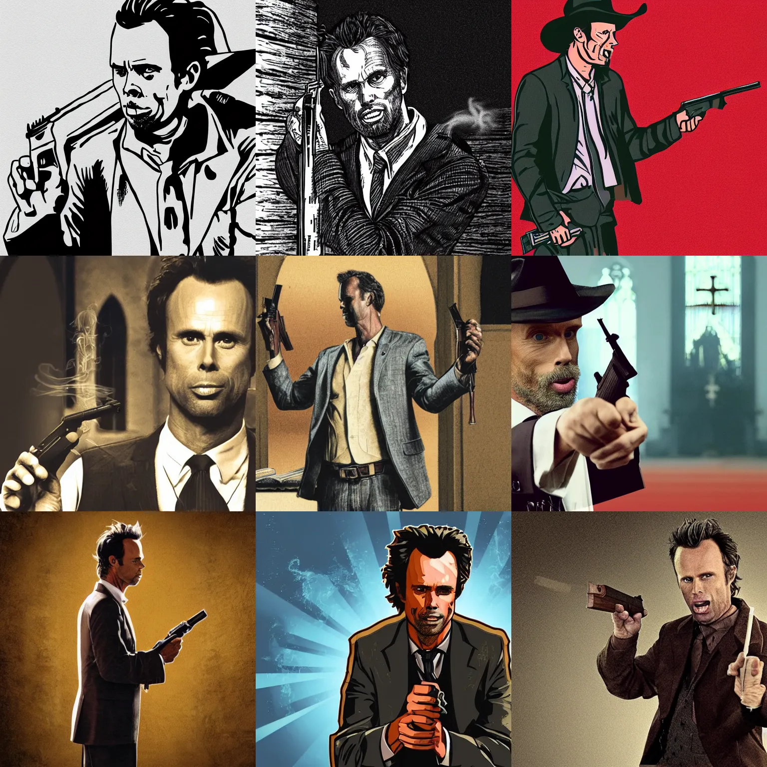 Prompt: illustration of walton goggins as a preacher, smoking and holding a gun, standing inside of a church
