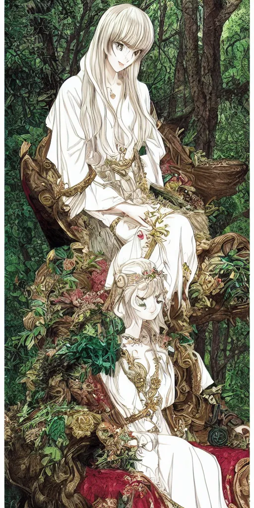 Prompt: an highly detailed magical empress sitting by herself on a sofa in a forest wearing a white robe drawn by cloverworks studio, elegant, beauty, tarot card, Tarot card the empress