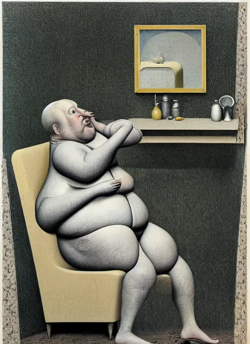 Prompt: fat man sitting on chair looking at his smartphone, hysterical, sweat, fat, frustrated, art by gertrude abercrombie hans bellmer