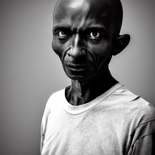 Image similar to a mentally ill black German man, thin, sad, post processing, portrait, realistic, award winning photo 8k