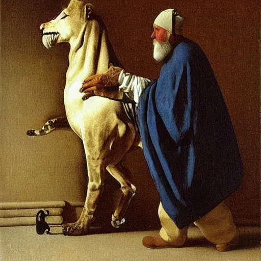 Prompt: old man ( wise long white beard wearing a hooded tunic ) riding on lions back by vermeer
