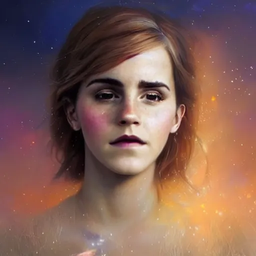 Prompt: a beautiful portrait of Emma Watson cloud goddess with numerous tiny birds flying in the background and closed eyes, galaxy theme colors, colorful, galaxy theme colors, galaxy theme colors, galaxy theme colors, galaxy theme colors, galaxy theme colors, ultra realistic digital art by Greg Rutkowski and Raymond Swanland, Trending on Artstation, ultra realistic digital art