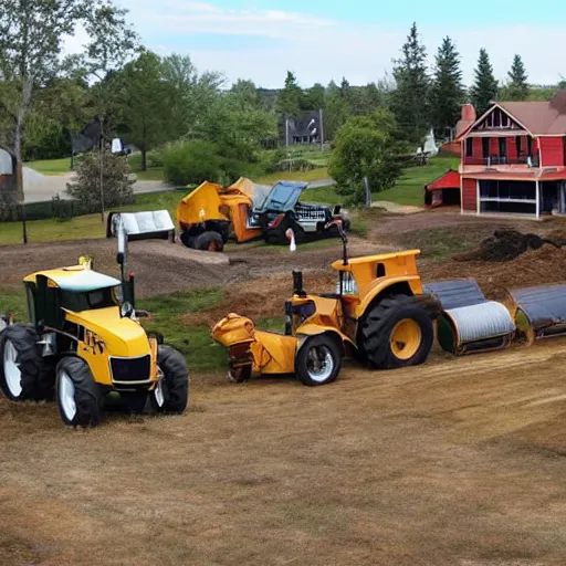 Prompt: a house with a yard full of dump trucks and tractors