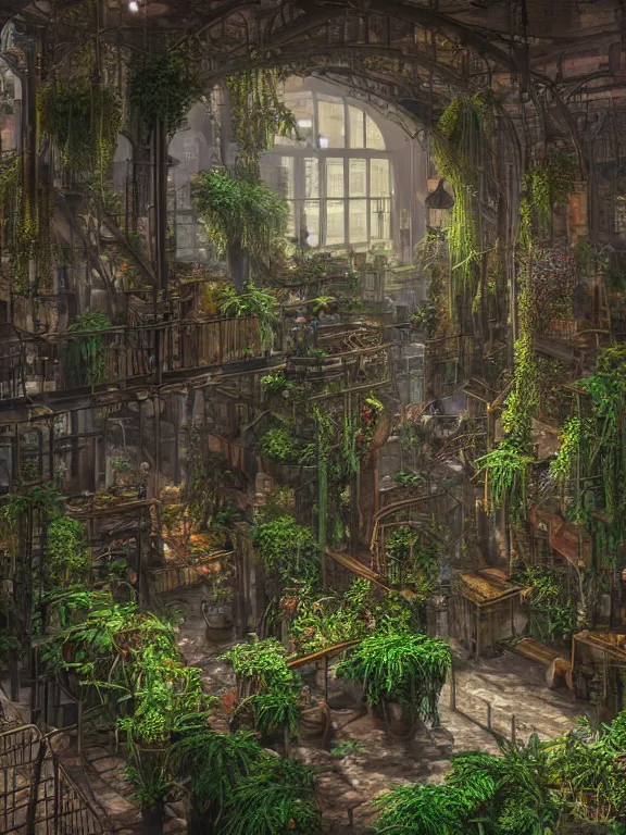 Image similar to A scenic view of A steampunk hall full of plants in undercity district depth ,by guido borelli ,vray Lumion