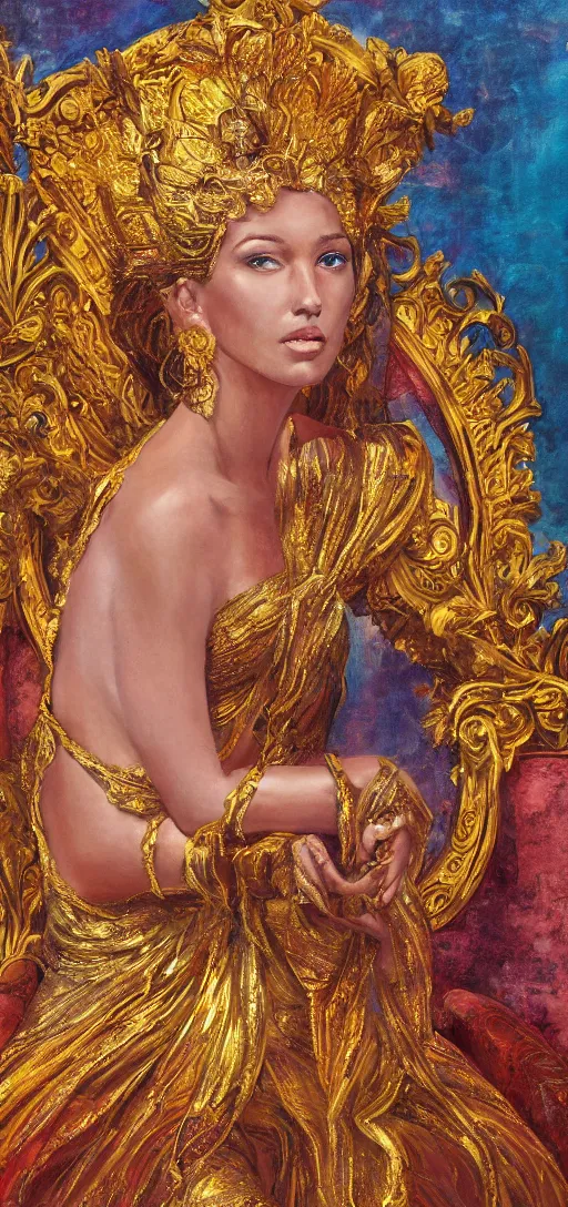 Prompt: a beautiful painting of a golden goddess sitting on a throne, dennis velleneuve, warm colors, ultra realistic, 8 k, photography