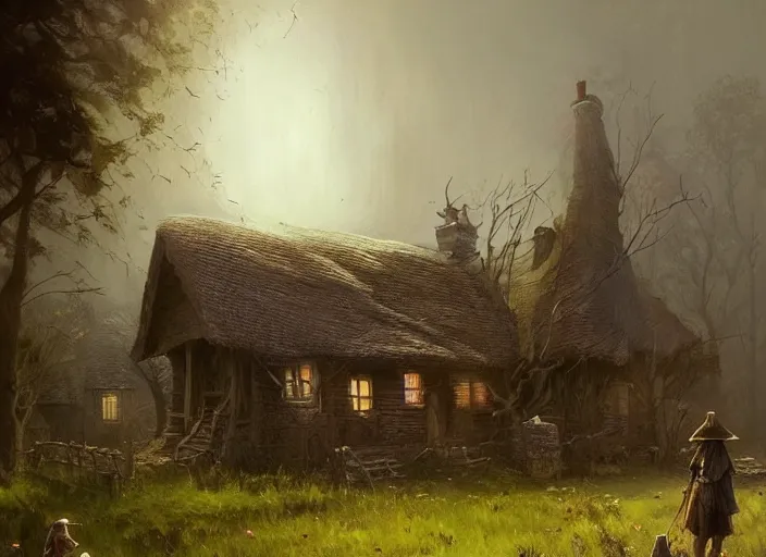 Image similar to the cottage of a Witch, scarecrow, a fantasy digital painting by Greg Rutkowski and James Gurney, trending on Artstation, highly detailed