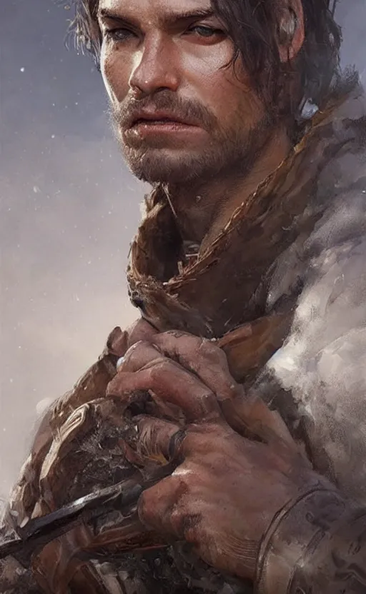 Image similar to Portrait of a rugged ranger, male, muscular, straight nose!!!, detailed face, thighs!!!, simple clothing!!!!!, boots!!!! fantasy, medieval, highly detailed, cinematic lighting, digital art painting by greg rutkowski