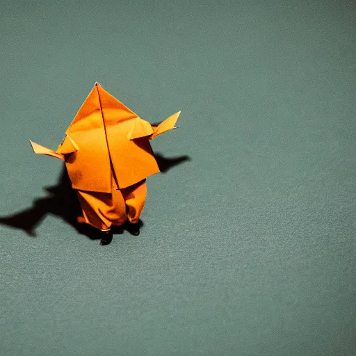 Prompt: close up photo of a small origami obese man, cinematic, shallow dof, 3 5 mm, 4 k, macro