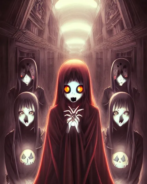 Image similar to spooky and creepypasta halloween night, symmetrical face, anime style, scenery wallpaper aesthetic, cinematic, dramatic, super detailed and intricate, hyper realistic, 4 k render, by artgerm, by kyoung hwan kim, by ralph mcquarrie, by yoshiyuki tomino