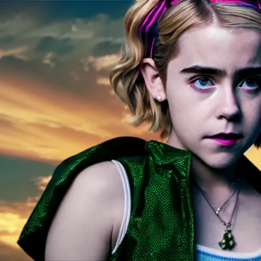 Image similar to cinematic scene with kiernan shipka as jolyne from jojo's bizarre adventure, live action film, stone ocean, dramatic, small details, volumetric lighting, still frame