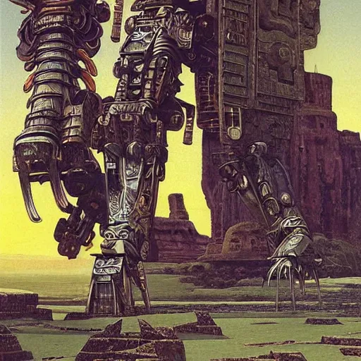 Image similar to elaborate mayan art deco mecha in mesa landscape by j. c. leyendecker, bosch, and beksinski