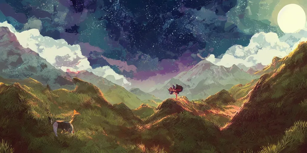 Image similar to mononoke, mountain landscape, night sky, digital art, digital painting, celestial, majestic, playful, colorful