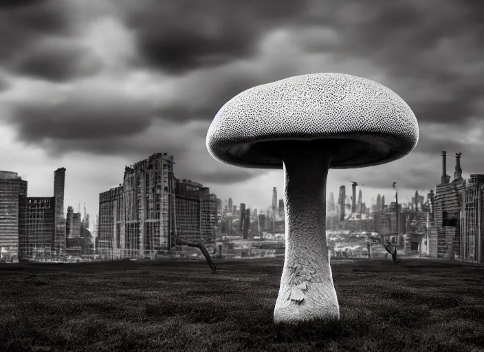 Prompt: nuclear mushroom in the city . Horror dystopia style. Highly detailed 8k. Intricate. Nikon d850 300mm. Award winning photography.