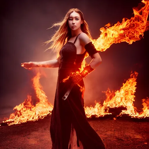 Image similar to full body of alycia debnam carey as a pyromancer , aruze colour aura, dreamwalker, EOS R5, f/2.8, HDR, studio light, medium close shot, dynamic pose, award winning photograph