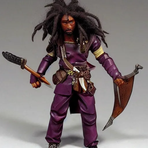 Image similar to a medieval hunter with african ethnicity and dreadlocks, plum color scheme, fantasy character portrait