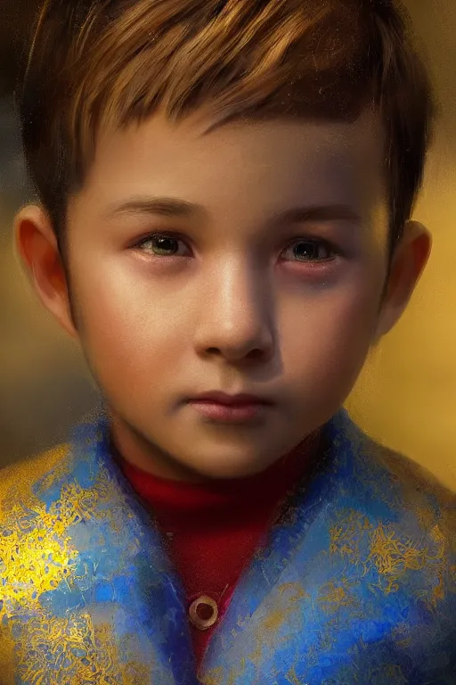 Image similar to little boy, close - up portrait, the portrait is decorated with blue and gold art deco patterns, powerfull, intricate, elegant, volumetric lighting, scenery, digital painting, highly detailed, artstation, sharp focus, illustration, concept art, ruan jia, steve mccurry