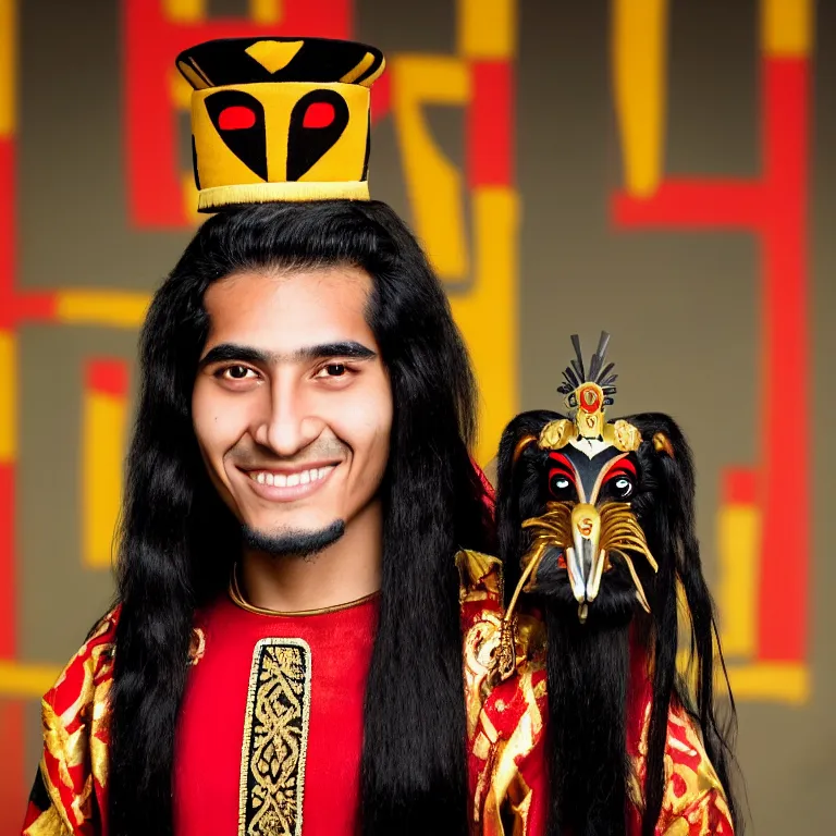 Prompt: A photo of Emperor Kuzco!!!!!!!!!!!!!!!! in his 18s, peruvian looking, with his long black hair, beardless, smiling with confidence, and wearing!!! his emperor clothes. Portrait by Terry Richardson. Golden hour. 8K. UHD. Bokeh.