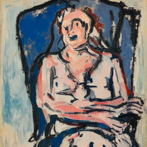 Prompt: painting of a woman sitting on a chair, staring at you, by georg baselitz