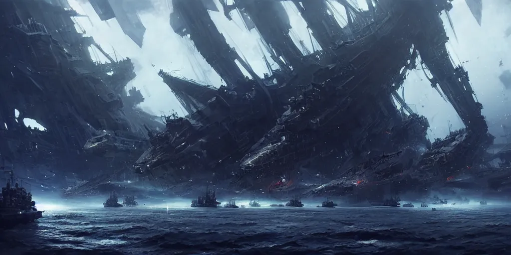 Image similar to A large ship armada is getting destroyed by a giant kraken monster. In style of Yoji Shinkawa and Hyung-tae Kim, trending on ArtStation, Greg Rutkowski, dark fantasy, great composition, concept art, highly detailed, scenery.