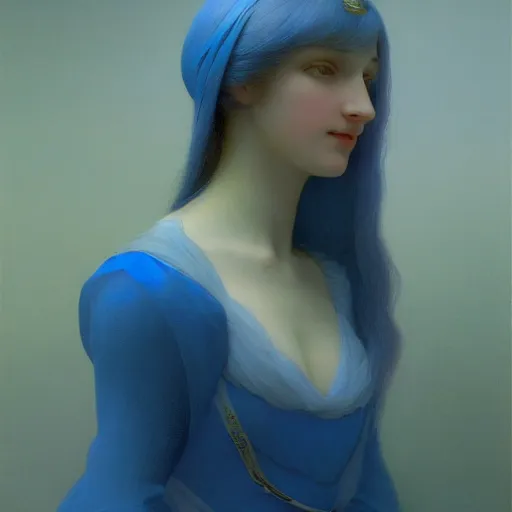 Image similar to a young woman's face, her hair is white and she wears a cobalt blue satin cloak, by ivan aivazovsky and syd mead and moebius and gaston bussiere and roger dean and pieter claesz and paul delaroche and alma tadema and aelbert cuyp, hyperrealistic, volumetric light, octane render