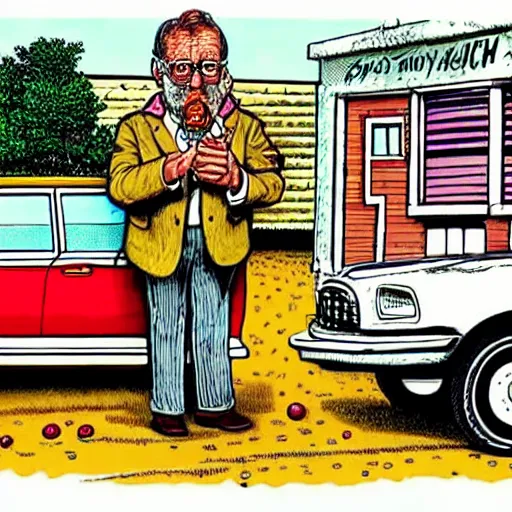 Prompt: The Artwork of R. Crumb and his Cheap Suit Car-salesman, pencil and colored marker artwork, trailer-trash lifestyle