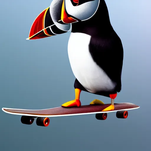 Image similar to puffin riding skateboard, cinematic, cinematic lighting, trending on Artstation, Cgsociety, detailed, 4k, very realistic