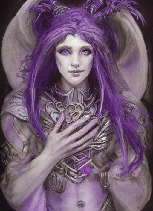 Image similar to portrait of young female prophetess of the endtimes, transluscent skin, silver filigreed armor, lavender hair, beautiful! coherent! dungeons and dragons character, by brian froud, strong line, cool night color, high contrast