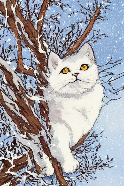 Image similar to white cat in the tree in winter day in the style ofukiyo-e