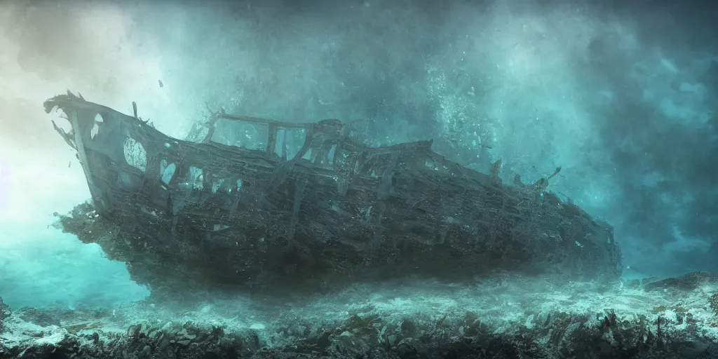 Image similar to a underwater ship ruins covered by corals, godrays, epic image, path traced, shipwreck, hyperrealistic, concept art, octane render, unreal engine 5, some fish, centered, symmetrical, low contrast, cinematic, soft lighting, high coherence, digital painting, masterpiece, digital art, serene scenery, old, elegant