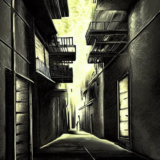 Image similar to Happiness in a dark city alley, digital art