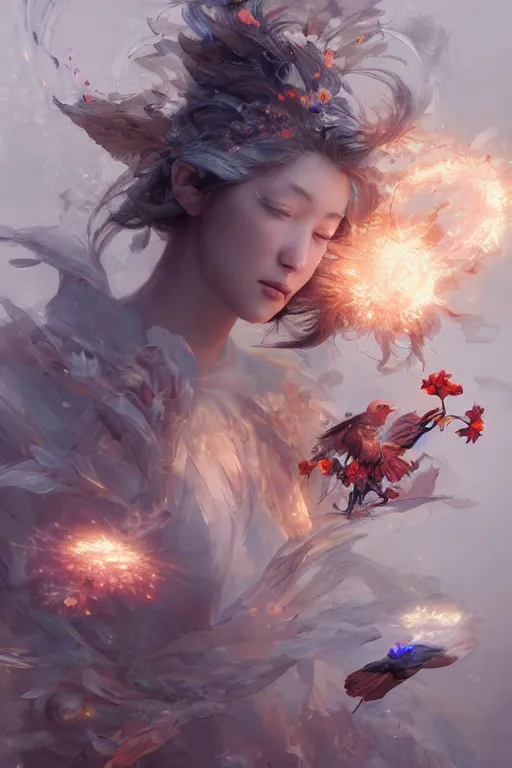 Image similar to beautiful girl exploding into flowers, angels, 3 d render, hyper - realistic detailed portrait, holding electricity and birds, ruan jia, wlop. scifi, fantasy, hyper detailed, octane render, concept art, peter mohrbacher