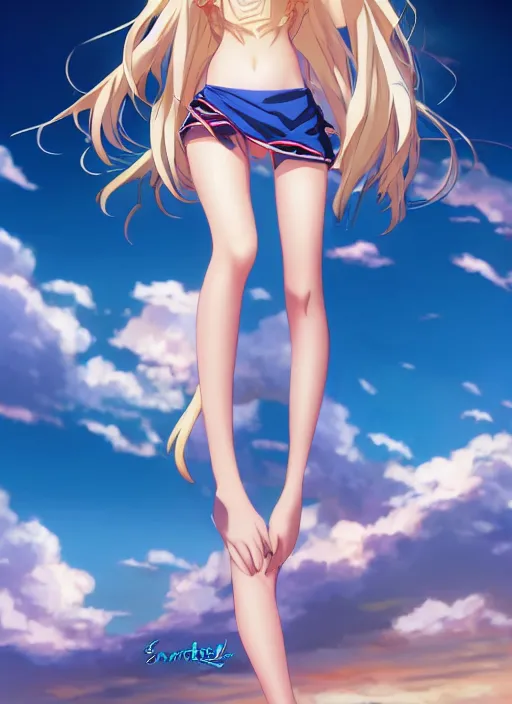 Image similar to a very beautiful young anime giantess with her tiny dad, full body, long wavy blond hair, sky blue eyes, full round face, evil grin, bikini, miniskirt, front view, mid - shot, highly detailed, cinematic wallpaper by stanley artgerm lau