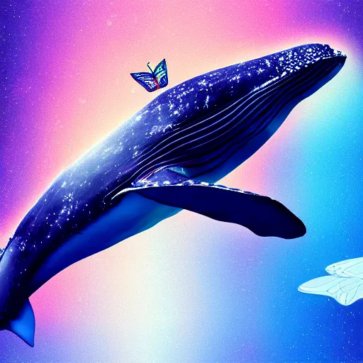 Prompt: photomanipulation of a whale that has tiny butterfly wing, the wing is inspired by hologram butterflies, fully detailed, 4 k, real footage
