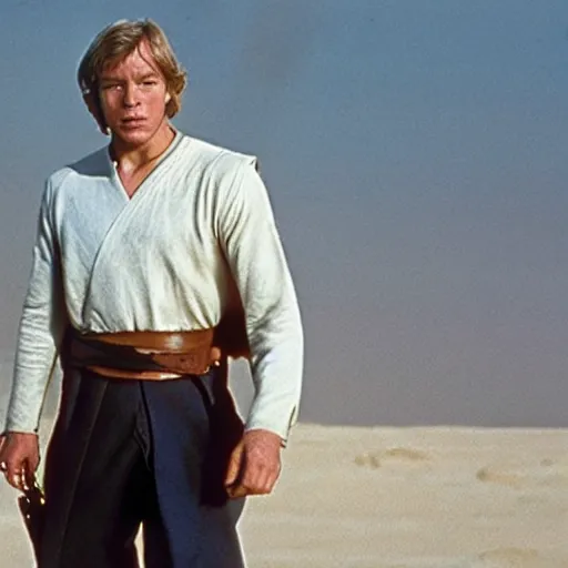 Image similar to patrick stewart with wavy blond hair as luke skywalker on tatooine
